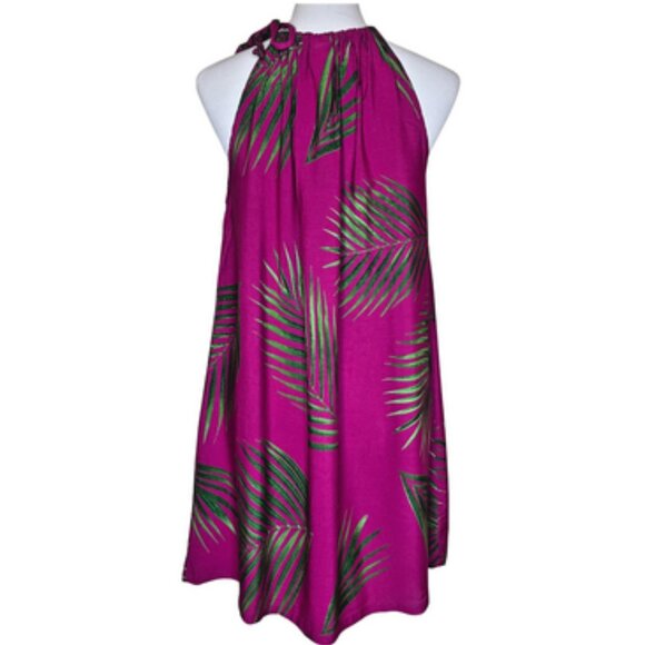 Hula Bay Magenta Green Palm Print Halter Dress Rayon XXL-19 Hawaiian Tropical - Picture 4 of 8